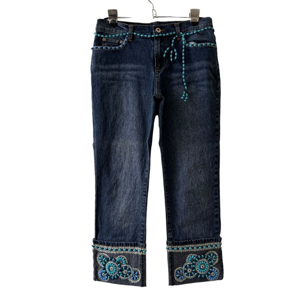 DG2 Diane Gilman Embellished Turquoise Beaded Cropped Jeans 6P